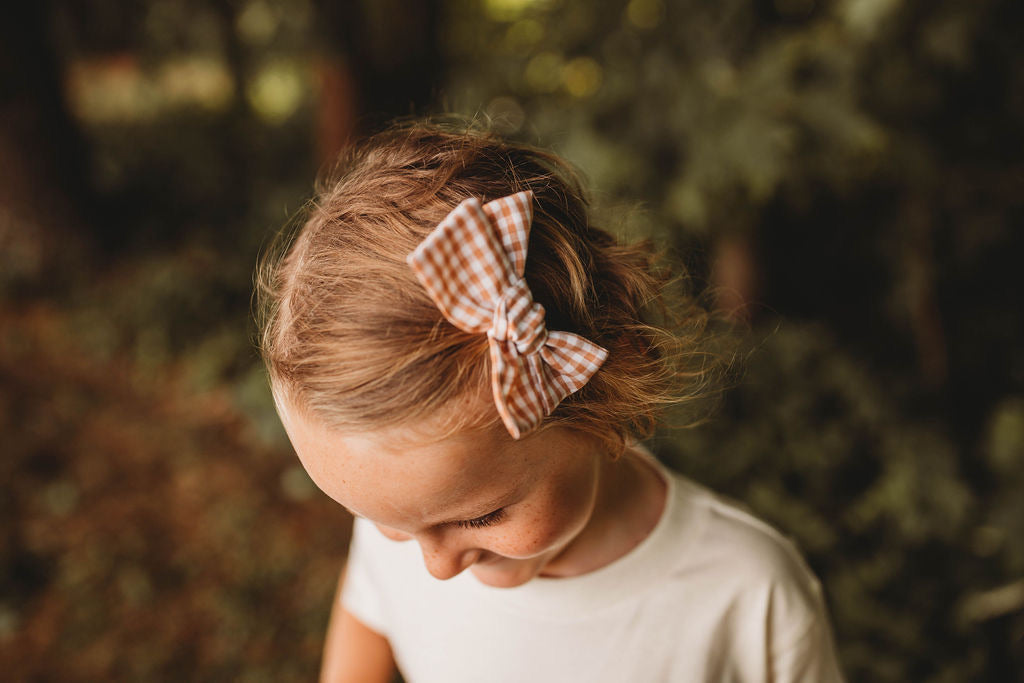 Hand Tied Tan Gingham Bow